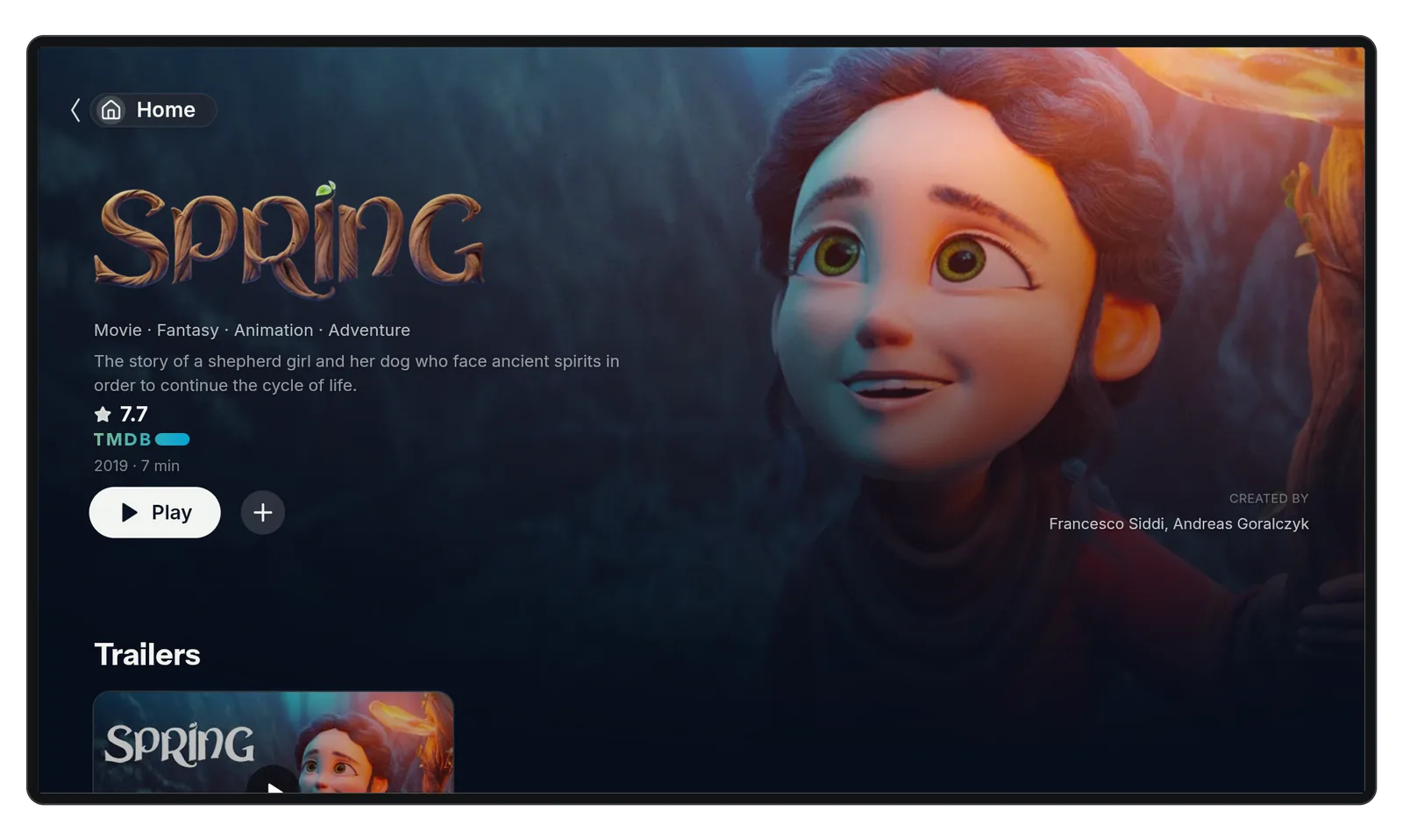A movie page in ZPlayCine, with the title logo, genres, synopsis, rating and the Play button