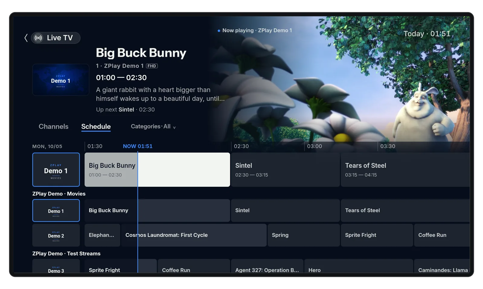 ZPlayCine TV guide: channels in rows, programs on a timeline and the channel that is playing in the corner