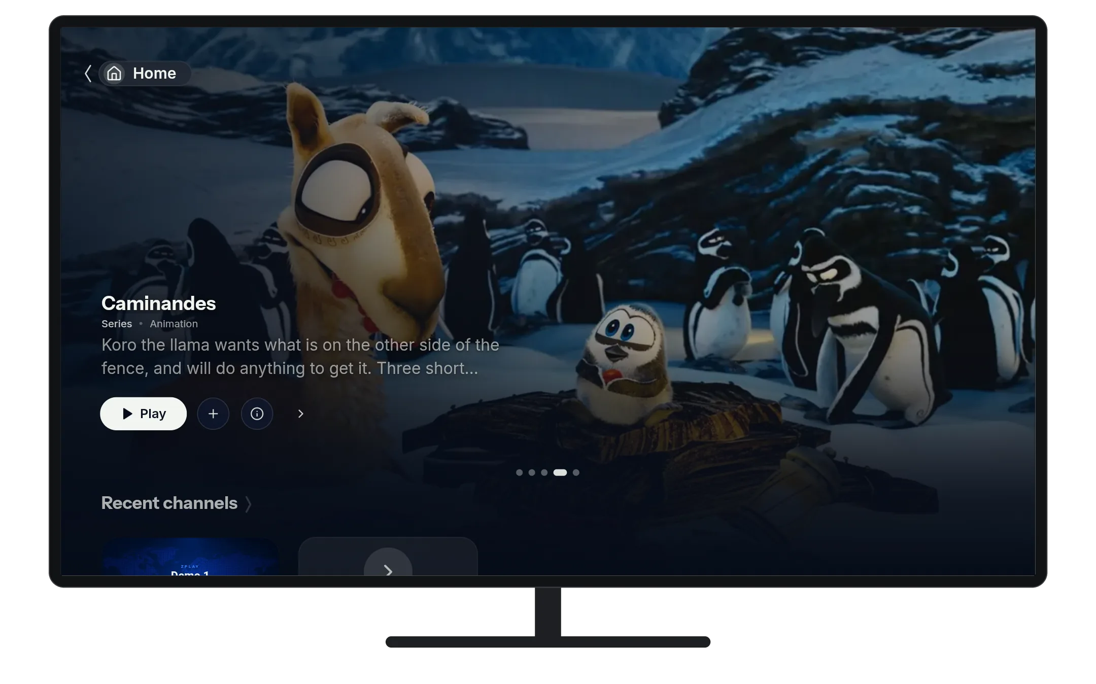 ZPlayCine home screen on a TV, with the featured title on top and rows of channels and titles below