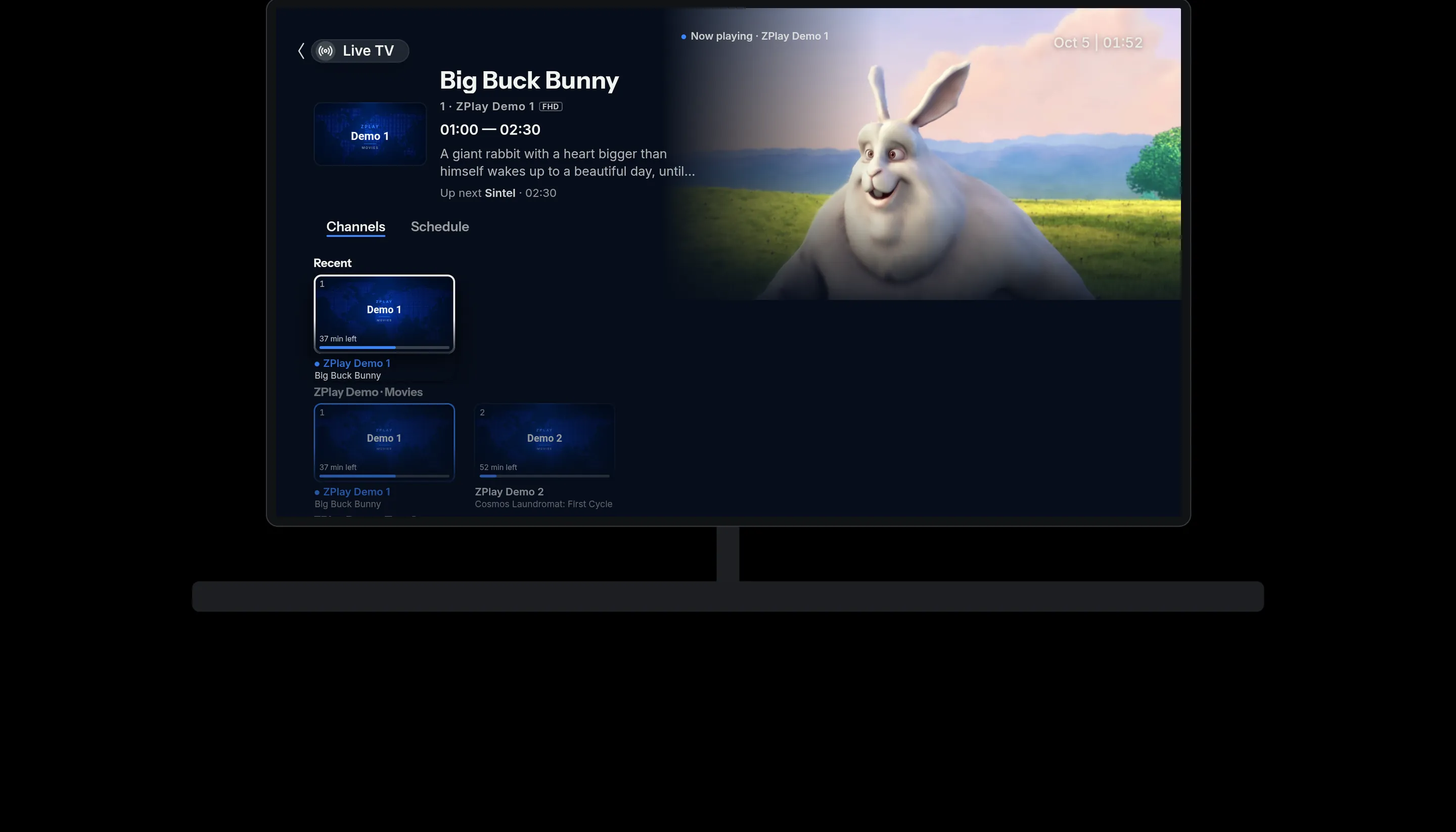 ZPlayCine on a TV, on the live TV screen with a channel playing